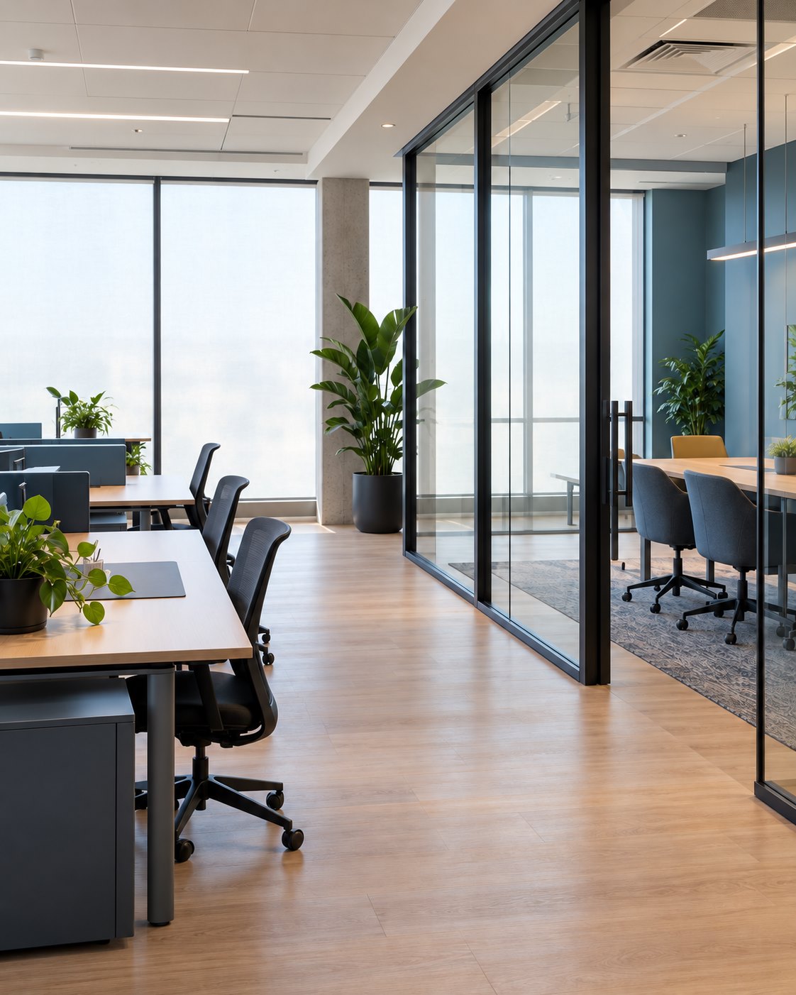 Illustrative photo of a bright workspace with desks and glass partitions